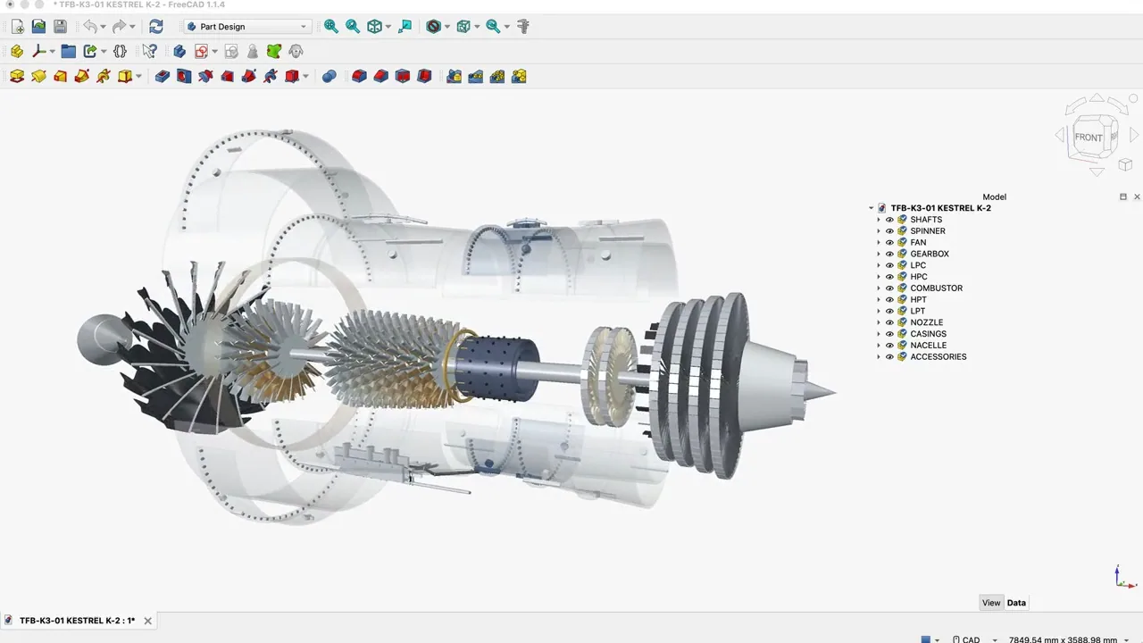 Kimi K3.1 Pro 官方 FreeCAD 涡扇结构截图,展示叶片、轴、外壳与模型树