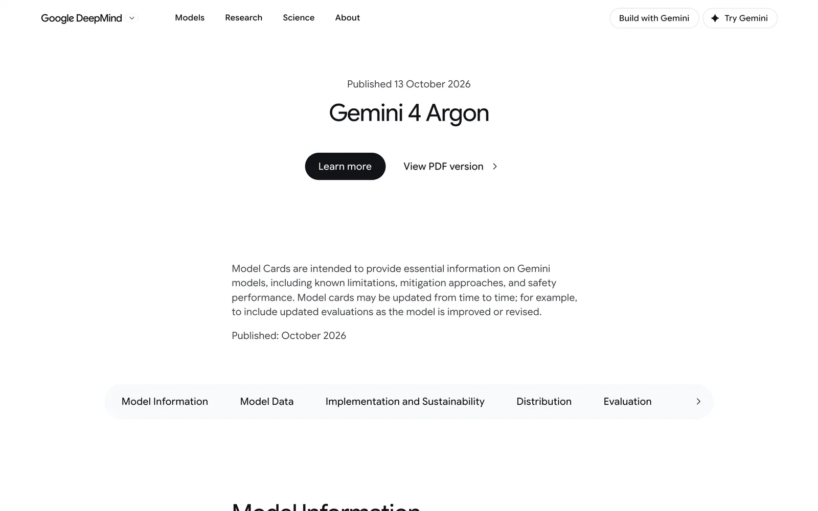 DeepMind 官方模型卡页面显示 Gemini 4 Argon 于 2026 年 10 月 13 日发布
